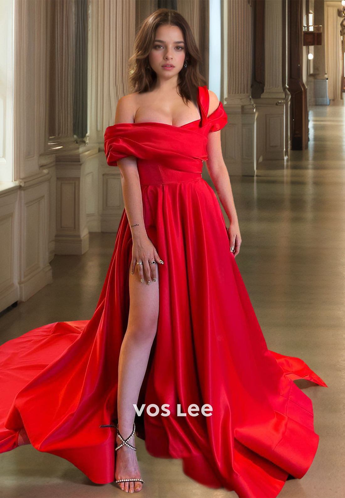 Elegant A-Line Off Shoulder Sleeveless Red Pleated Side Split Sweep Train Satin Prom Birthday Dress