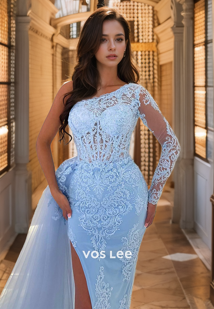 Luxury One Shoulder Long Sleeves Sheath Lace Appliques Sky Blue Tulle Prom Graduation Dress with Split