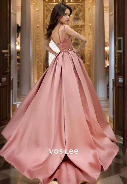 Elegant A-Line V Neck Spaghetti Straps Sleeveless Back Zippper Pleated Satin Prom Pageant Dress