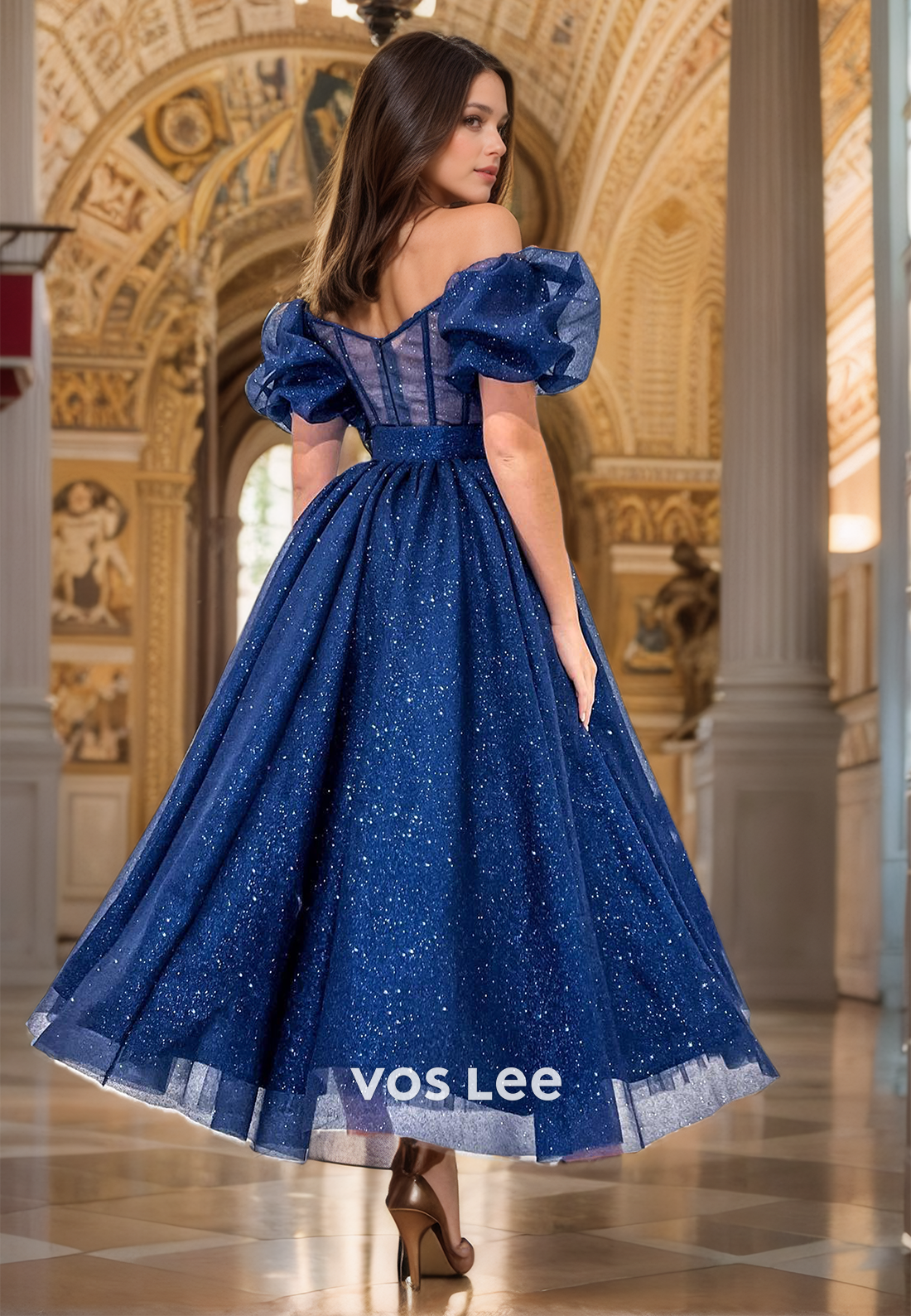 Ornate A-Line Off Shoulder Puff Sleeves Dark Navy Sequins Pleated Tea Length Tulle Prom Dress Glitter