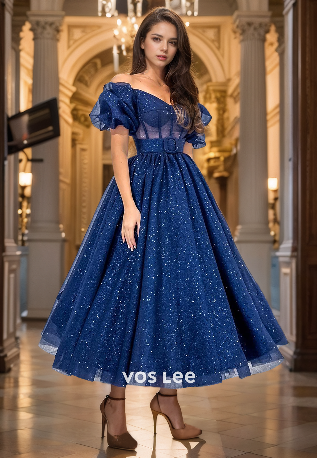 Ornate A-Line Off Shoulder Puff Sleeves Dark Navy Sequins Pleated Tea Length Tulle Prom Dress Glitter