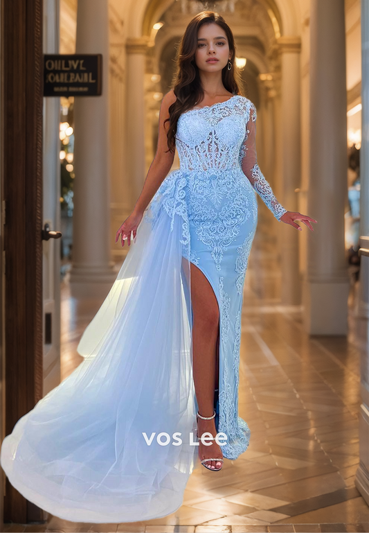 Luxury One Shoulder Long Sleeves Sheath Lace Appliques Sky Blue Tulle Prom Graduation Dress with Split