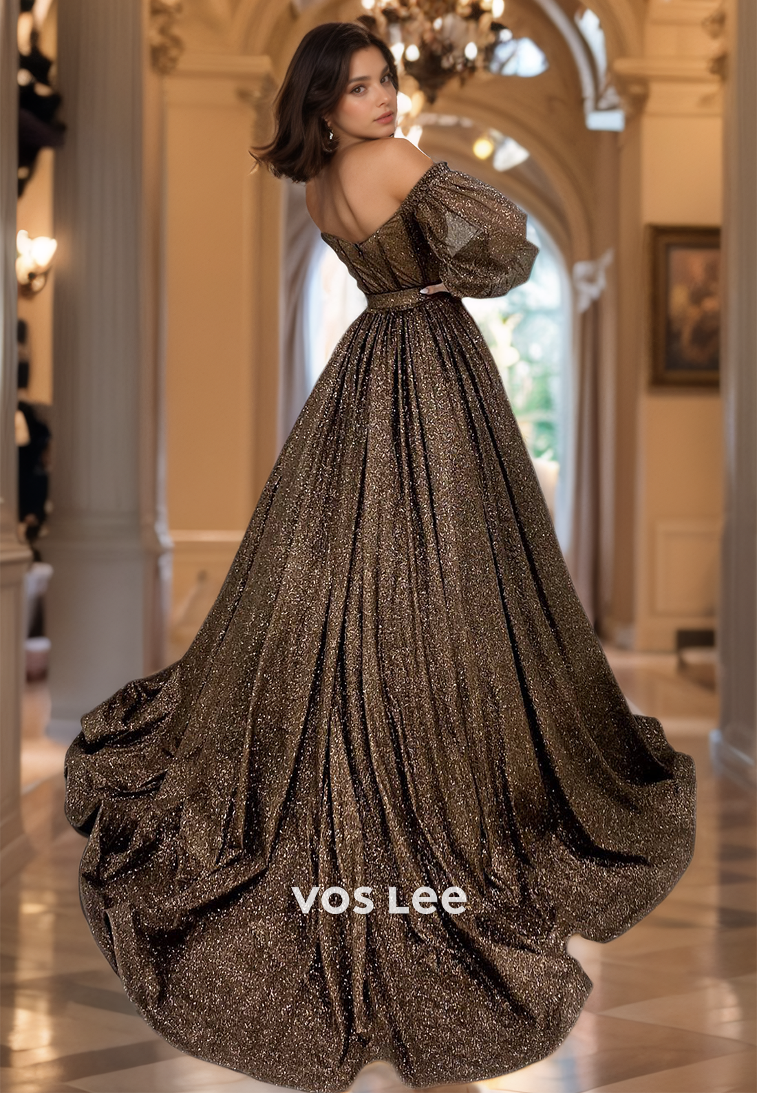 Sparkly A-Line Off Shoulder Long Sleeves Sweep Train Sequins Pleated Satin Prom Evening Dress