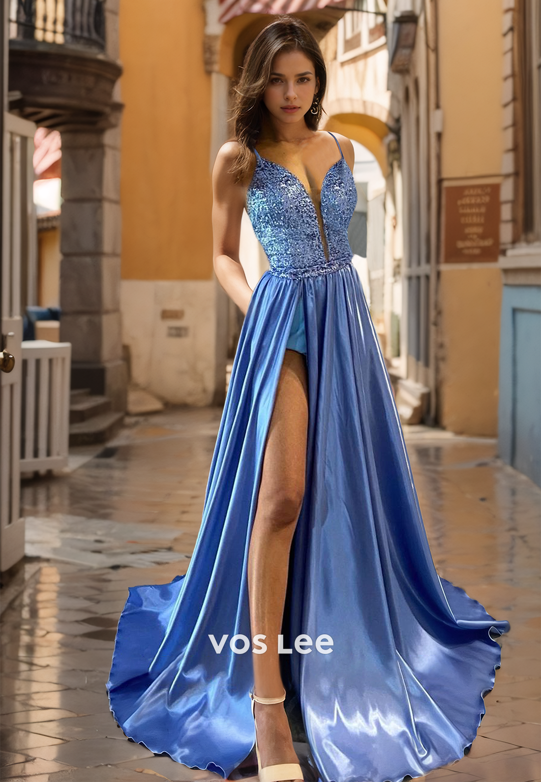 Sparkly A-Line Deep V Neck Spaghetti Straps Lace Up Sequins Pleated High Split Satin Prom Dress