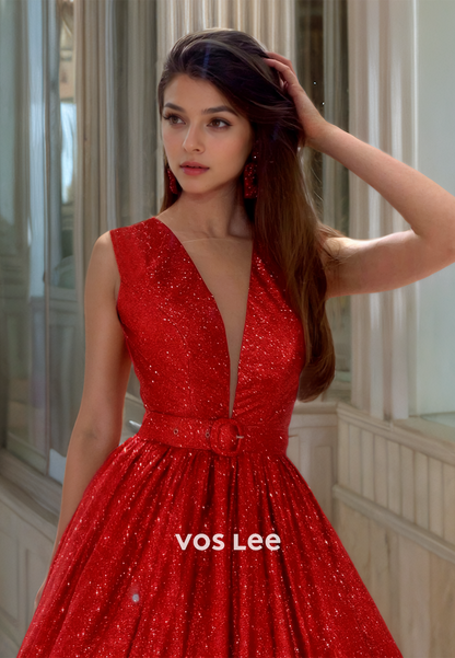 Luxury Red A-Line Deep V Neck Backless Draped Sweep Train Belt Sequins Prom Party Dress