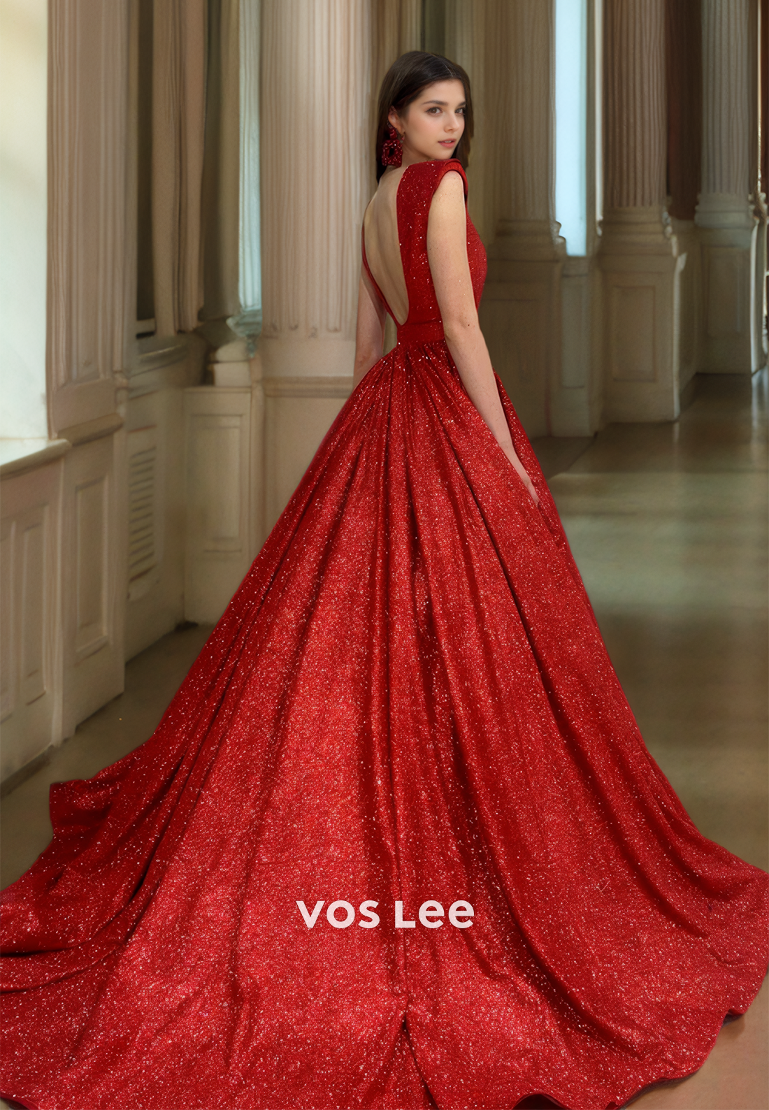 Luxury Red A-Line Deep V Neck Backless Draped Sweep Train Belt Sequins Prom Party Dress