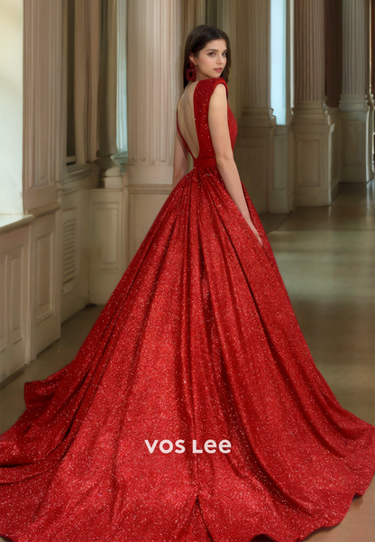 Luxury Red A-Line Deep V Neck Backless Draped Sweep Train Belt Sequins Prom Party Dress