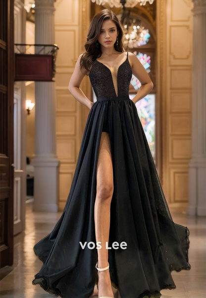 Sexy Plunging V Neck Illusion Lace Up Sleeveless Black Sequins Satin Prom Evening Dress with Split