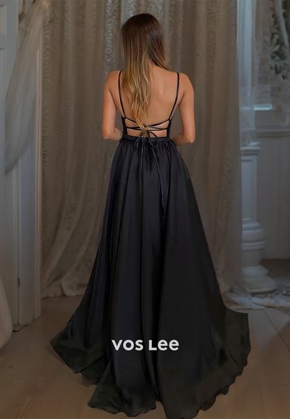 Sexy Plunging V Neck Illusion Lace Up Sleeveless Black Sequins Satin Prom Evening Dress with Split