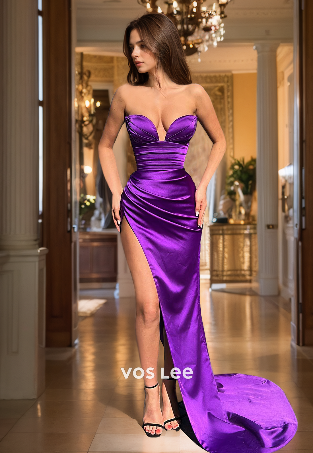 Charming Strapless Column Purple Draped Back Zipper Sweep Train Satin Prom Party Dress with Split