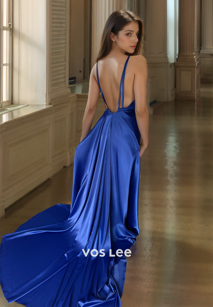 Sexy Sheath Deep V Neck Backless Sweep Train Draped Spaghetti Straps Satin Prom Formal Dress