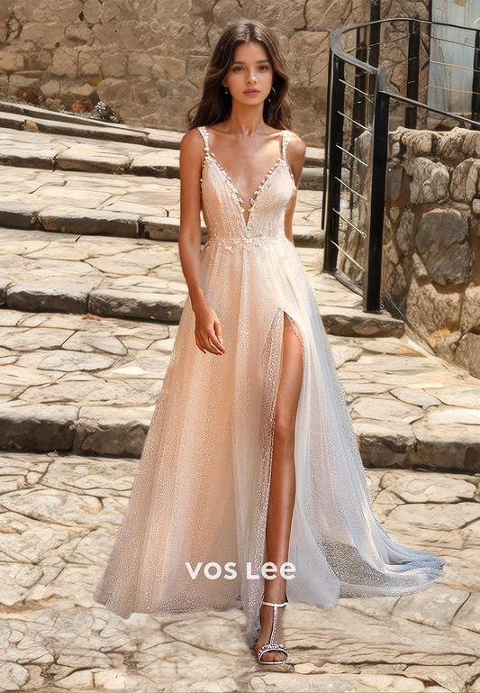 Elegant Spaghetti Straps A-Line Deep V Neck Backless Beaded High Split Sequins Wedding Dress