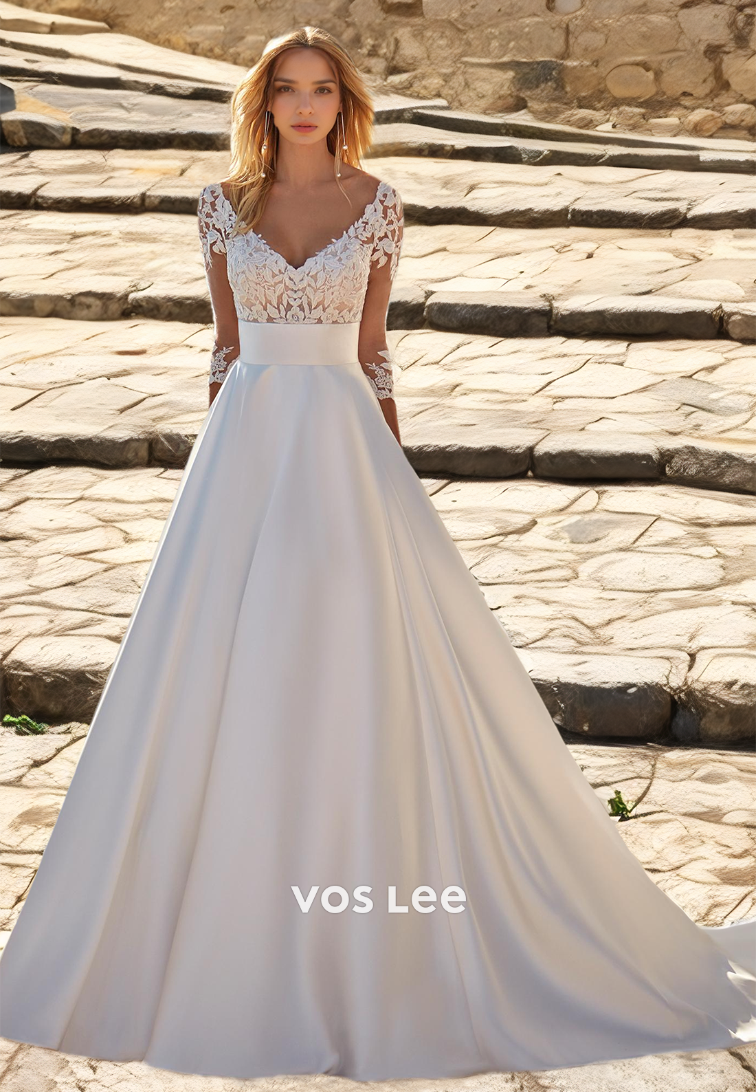 Charming V Neck Half Sleeves A-Line Pleated Illusion Back Zipper Satin Wedding Bride Dress