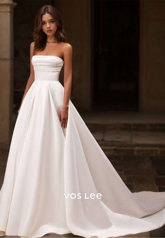 Simple Strapless A-Line Sleeveless Court Train Draped Bow Backless Satin Wedding Bride Dress