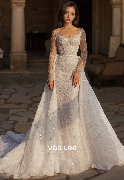 Charming Column V Neck Illusion Long Sleeves Sequins Beaded Backless Sparkly Wedding Gown