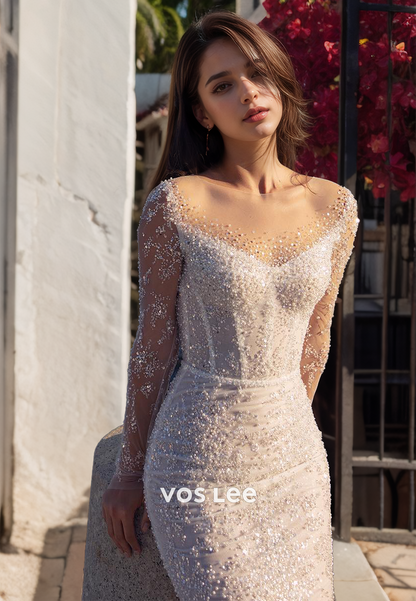 Charming Column V Neck Illusion Long Sleeves Sequins Beaded Backless Sparkly Wedding Gown