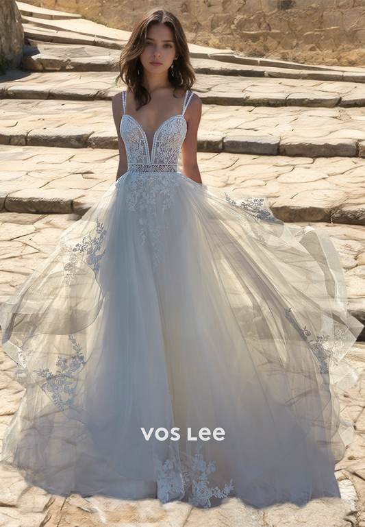 Gorgeous Deep V Neck Illusion A-Line Spaghetti Straps Lace Appliques Tulle Wedding Bride Dress