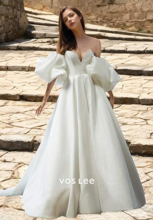 Elegant A-Line Off Shoulder Pleated Backless Sweep Train Sleeveless Satin Wedding Gown