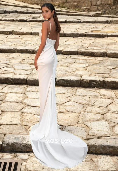 Modest Sheath Spaghetti Straps High Split Backless Sweep Train Draped Satin Wedding Dress