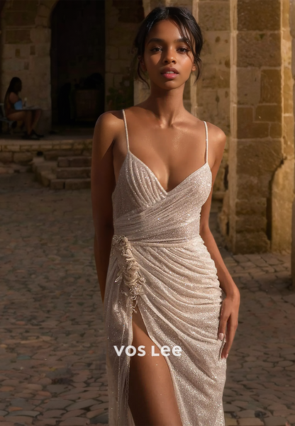 Sexy Sheath Spaghetti Straps V Neck Backless Sequins High Split Sparkly Wedding Bride Dress