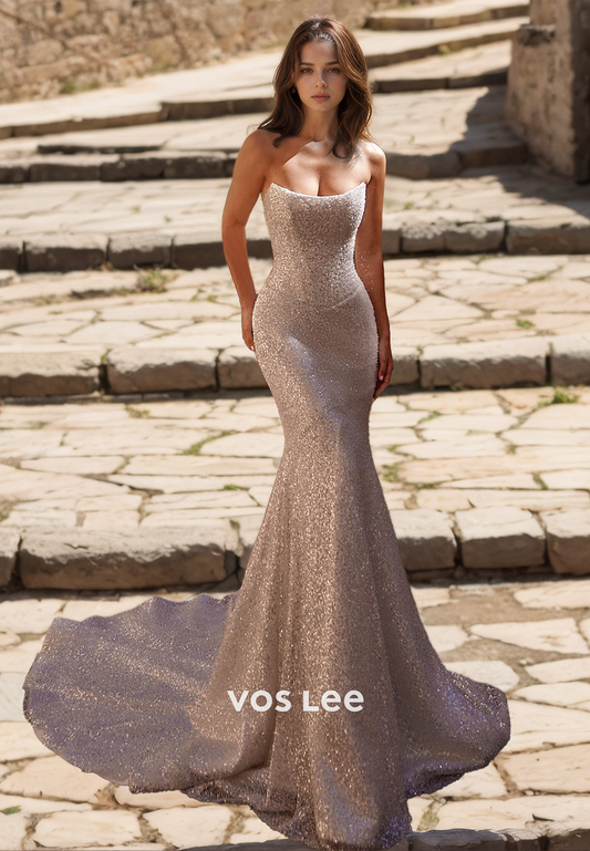 Sparkly Column Strapless Mermaid Back Zipper Sequins Court Train Sleeveless Wedding Gown