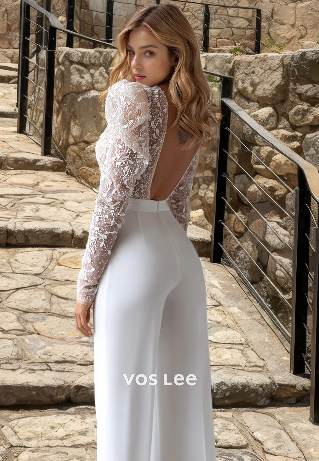 Unique Sheath Jumpsuits/Rompers Long Sleeves High Neck Lace Appliques Wedding Guest Dress