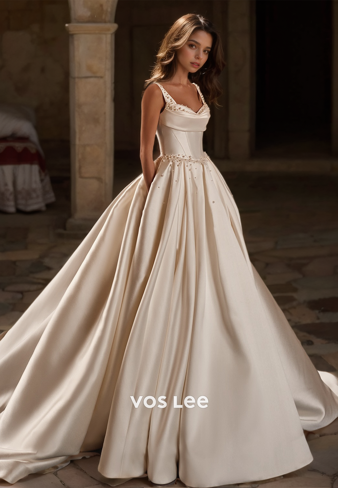 Luxury V Neck A-Line Spaghetti Straps Sleeveless Zipper Beaded Pleated Satin Wedding Gown