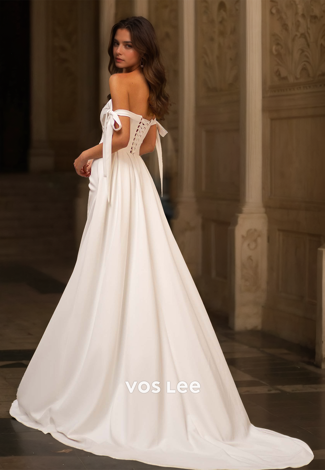 Modest Off Shoulder Sheath High Split Ruched Back Zipper Sweep Train Satin Wedding Bride Dress