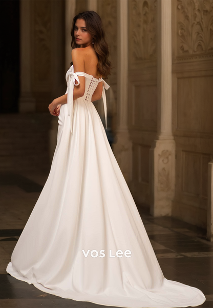 Modest Off Shoulder Sheath High Split Ruched Back Zipper Sweep Train Satin Wedding Bride Dress