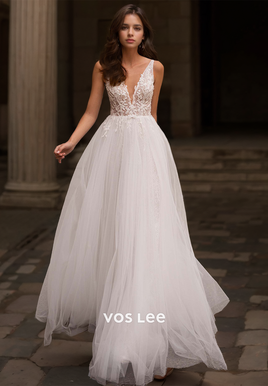 Gorgeous A-Line Backless Deep V Neck Lace Appliques Tulle Pleated Sweep Train Wedding Gown