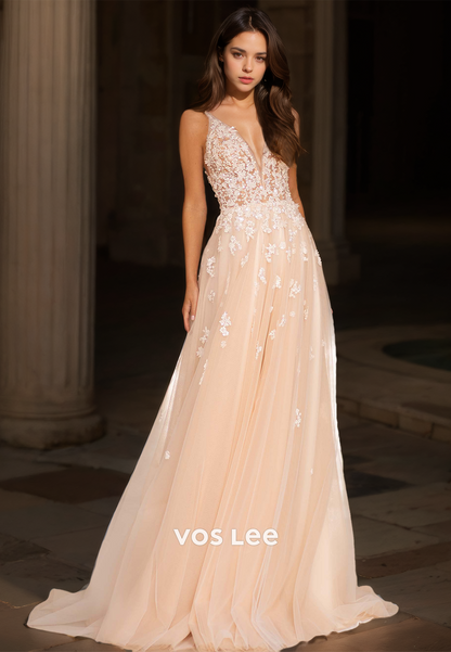 CharmingDeep V Neck Spaghetti Straps Backless A-Line Lace Appliques Tulle Wedding Dress