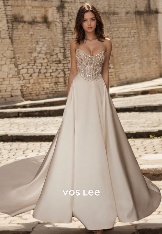 Elegant Sweetheart A-Line Back Zipper Court Train Long Sleeves Pleated Satin Wedding Gown