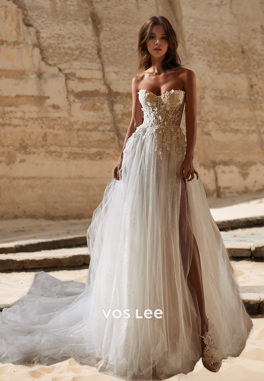 Ornate Sweetheart A-Line Sleeveless High Split Court Train Lace Appliques Wedding Bride Dress