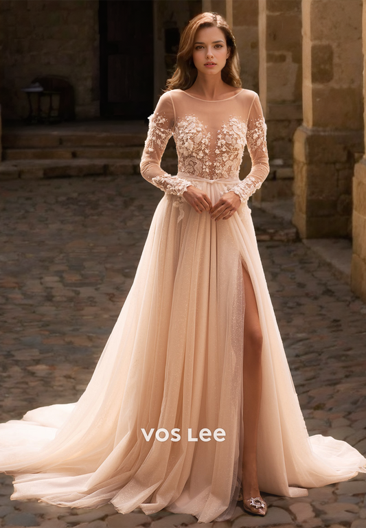 Luxury Scoop Neck A-Line Long Sleeves Back Zipper High Split Sequins Tulle Wedding Gown