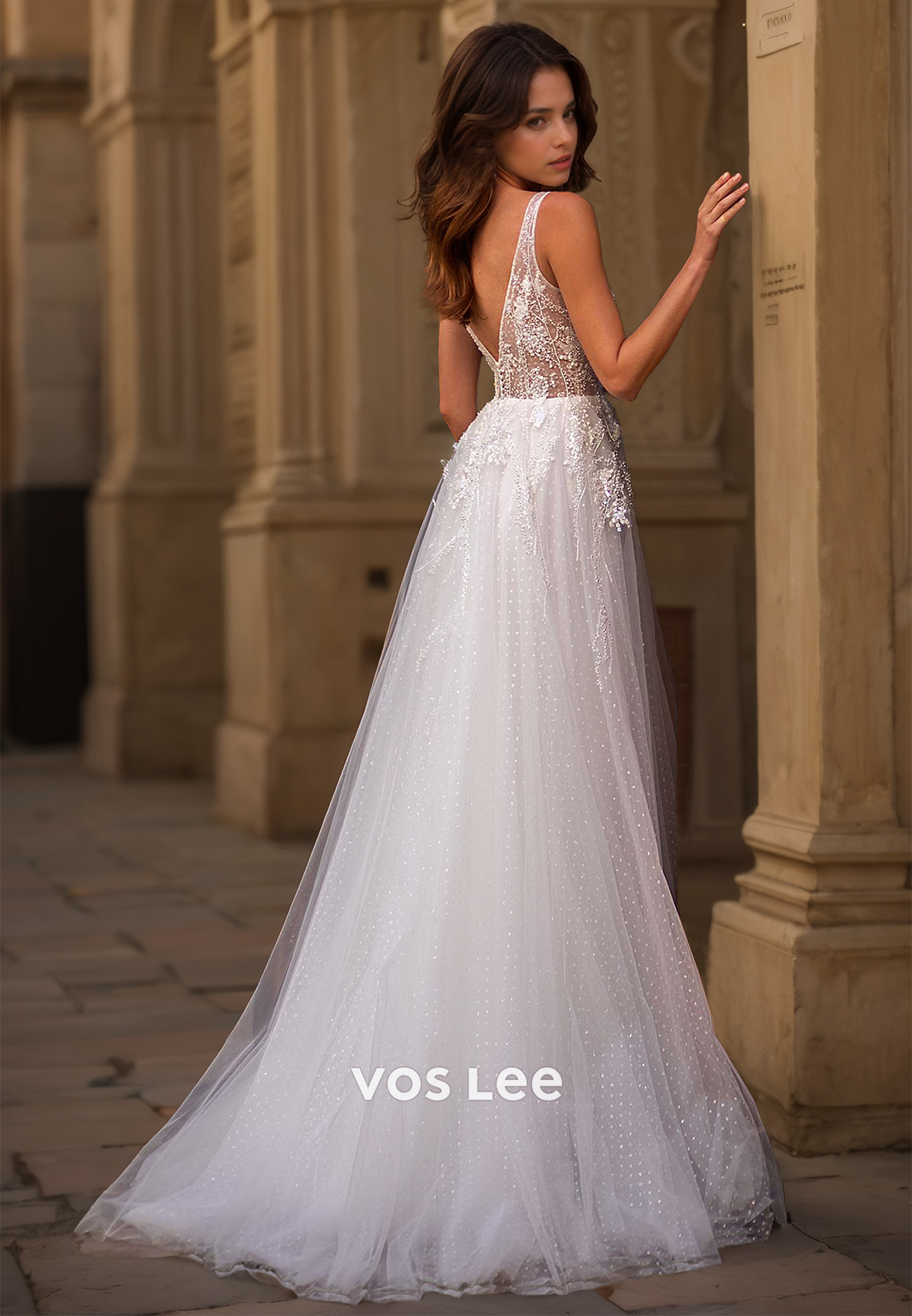 Ornate Deep V Neck Backless Sweep Train Lace Appliques Sleeveless Tulle Wedding Gown Glitter