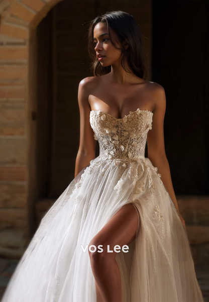 Ornate Sweetheart A-Line Sleeveless High Split Court Train Lace Appliques Wedding Bride Dress