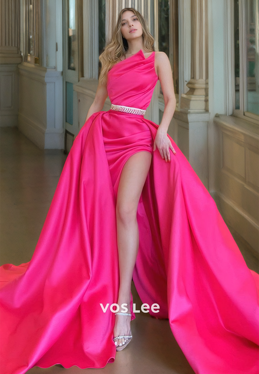 Fuchsia Sheath Strapless Belt Sleeveless Ruched Back Zipper Satin Prom Party Dress with Split