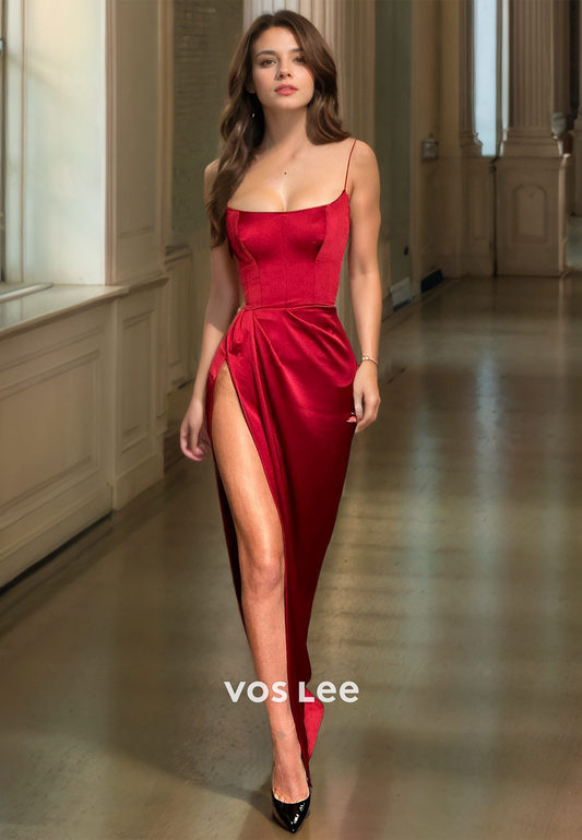 Simple Column Square Neck Spaghetti Straps Red High Split Draped Satin Prom Evening Dress