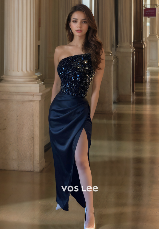 Gorgeous Column Strapless Back Zipper Tea Length Sequins Side Split Satin Prom Formal Dress