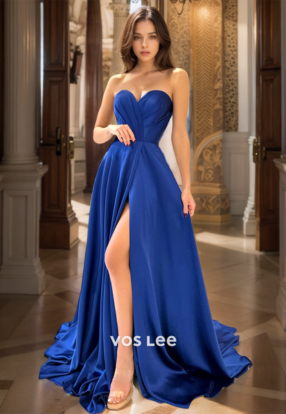 Royal Blue Sheath Sweetheart Sleeveless High Split Sweep Train Pleated Prom Evening Dress