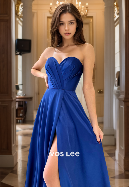 Royal Blue Sheath Sweetheart Sleeveless High Split Sweep Train Pleated Prom Evening Dress