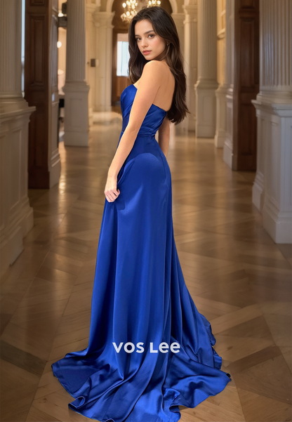 Royal Blue Sheath Sweetheart Sleeveless High Split Sweep Train Pleated Prom Evening Dress