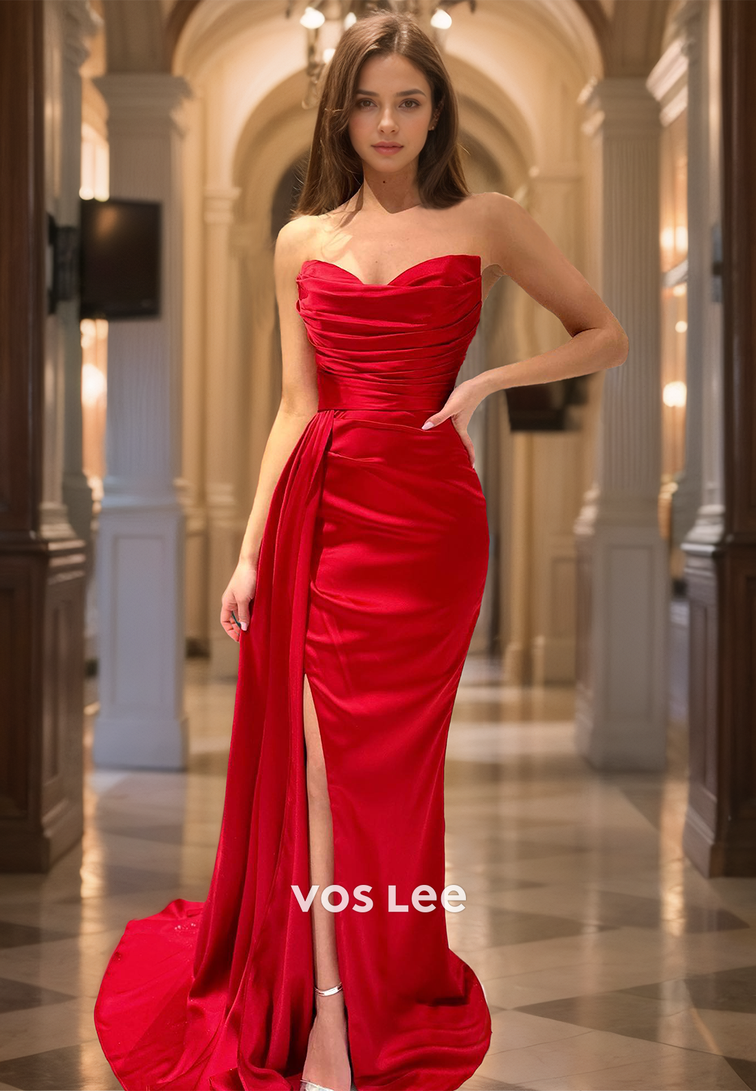 Ornate Red Strapless Ruched Column Sweep Train Back Zipper Satin Prom Party Dress