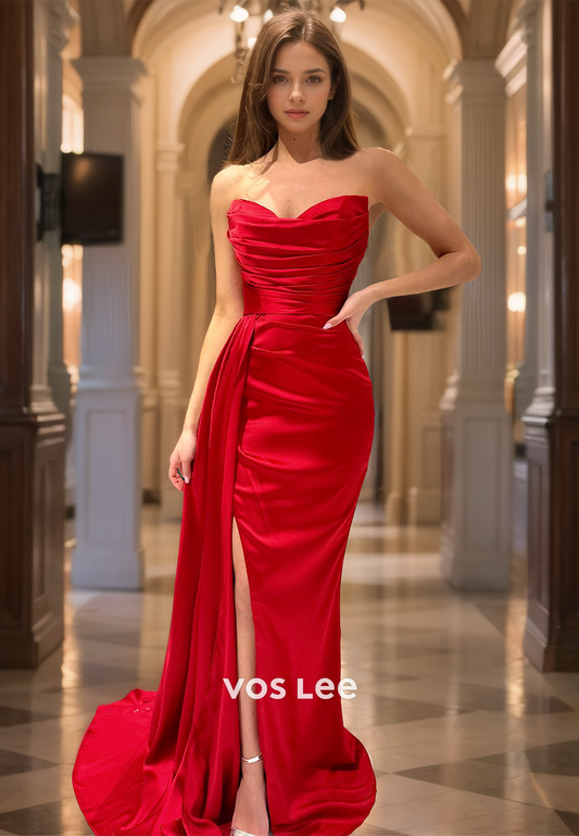 Ornate Red Strapless Ruched Column Sweep Train Back Zipper Satin Prom Party Dress