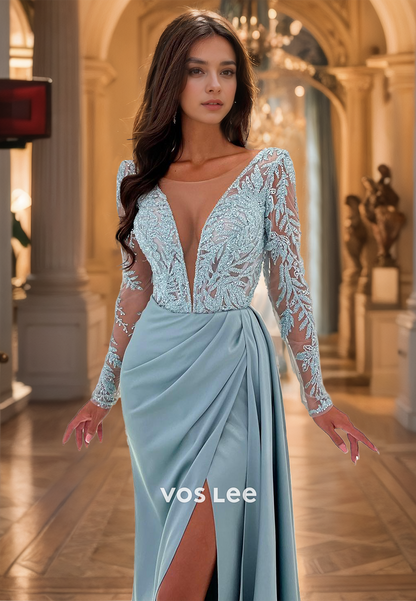 Elegant Column Plunging V Neck Illusion Long Sleeves Lace Appliques Satin Prom Party Dress