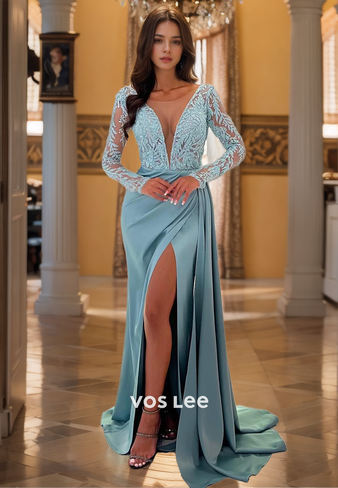 Elegant Column Plunging V Neck Illusion Long Sleeves Lace Appliques Satin Prom Party Dress