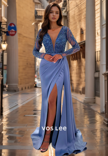 Elegant Column Plunging V Neck Illusion Long Sleeves Lace Appliques Satin Prom Party Dress