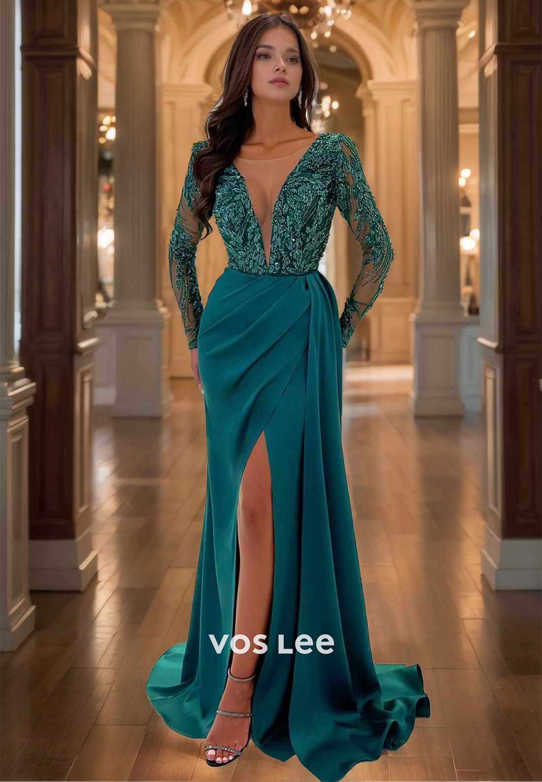 Elegant Column Plunging V Neck Illusion Long Sleeves Lace Appliques Satin Prom Party Dress