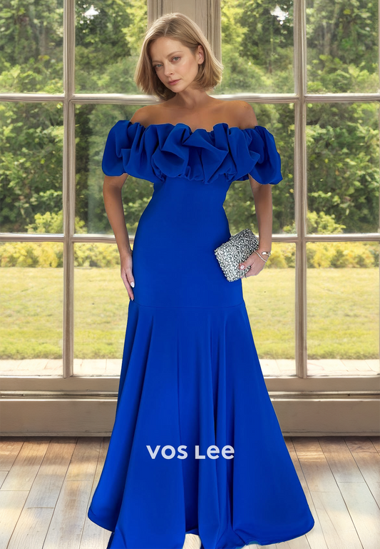 Royal Blue Off Shoulder A-Line Sleeveless Pleated Satin Mother of the Bride Dress