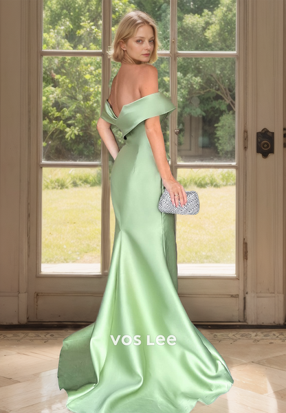 Mint Green Off Shoulder Mermaid Ruffled Sweep Train Satin Mother of the Formal Dress